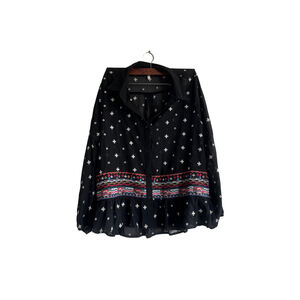 Cato Embroidered Peasant Blouse‎ Ruffle Hem Long Sleeve Black Top Size L